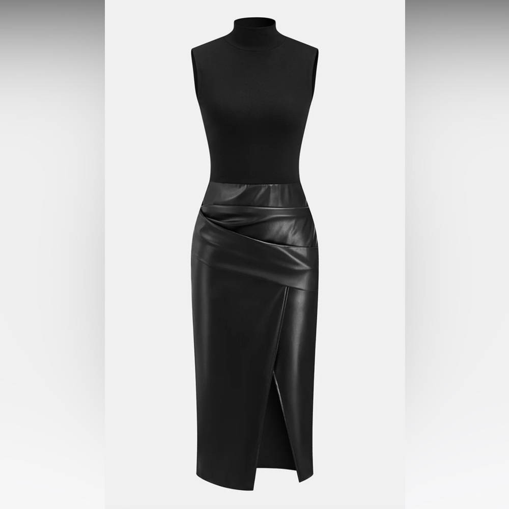 Elegant Black Faux Leather Panel Mock Neck Sleeveless Dress